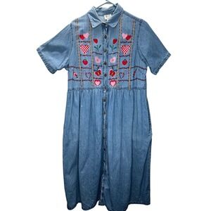 Vintage Gunit Fashions Denim Maxi Dress Heart Butterfly Embroidery Blue Medium
